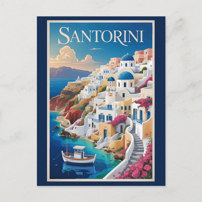 Santorini Greece Illustration Travel Art Vintage Postcard (Front)