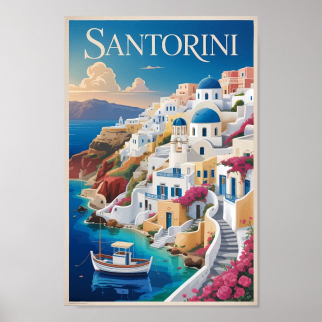 Santorini Greece Illustration Travel Art Vintage Poster (Front)