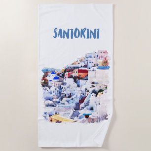Santorini Greece Illustration Watercolor Beach Towel