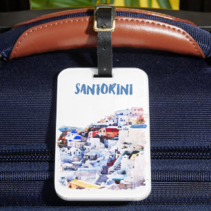 Santorini Greece Illustration Watercolor Luggage Tag