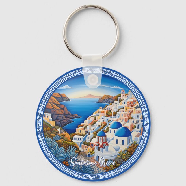 Santorini Greece Island Painting | Travel Art  Key Ring (Front)