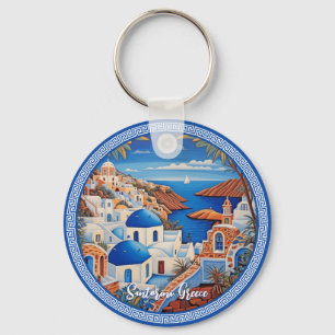Santorini Greece Island Sea Painting Travel Art Key Ring