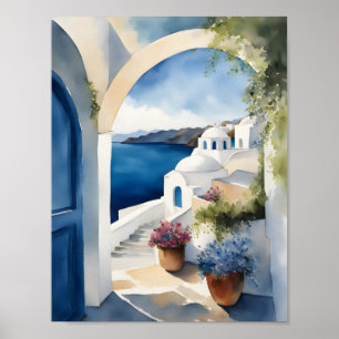 Santorini Greece Island Watercolor Poster
