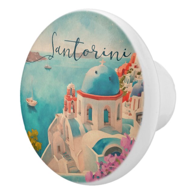 Santorini Greece Island Watercolor Travel Souvenir Ceramic Knob (Right)
