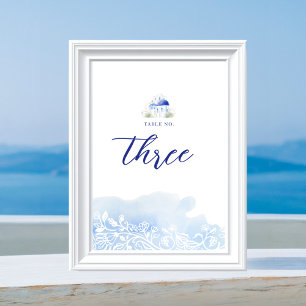 Santorini Greece Landscape Blue Watercolor Wedding Table Number