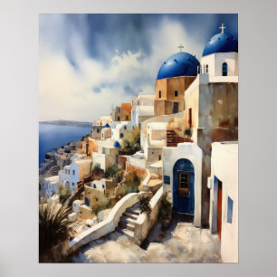 Santorini Greece Landscape Travel Art Print Poster
