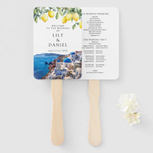 Santorini Greece Lemons Watercolor Wedding Program Hand Fan