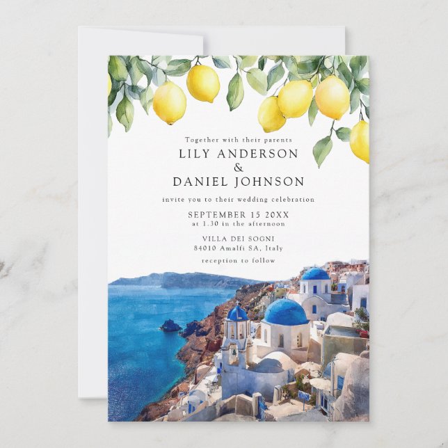 Santorini Greece Lemons Wedding Invitation (Front)