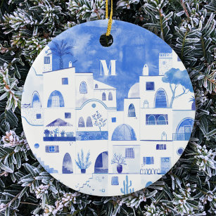 Santorini Greece  Monogram Watercolor Ceramic Tree Decoration