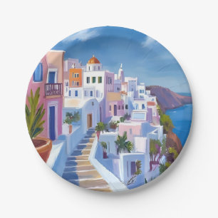 Santorini Greece Painting Watercolor Travel Paper Plate