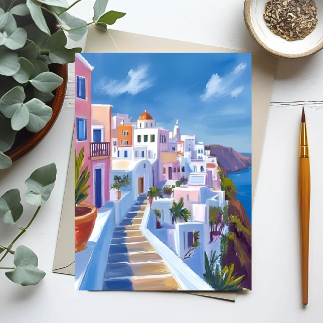 Santorini Greece Painting Watercolor Travel Postcard (Creator Uploaded)