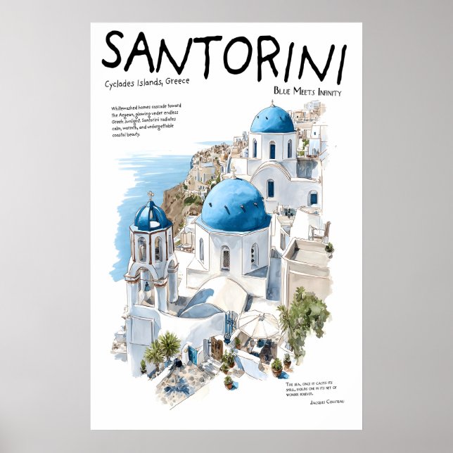 Santorini Greece Poster  Blue Dome Churches (Front)