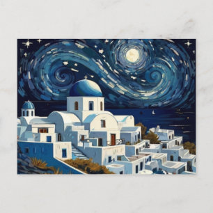 Santorini, Greece Starry Night - Greek Island Art Holiday Postcard