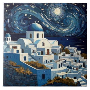 Santorini, Greece Starry Night - Greek Island Art Tile