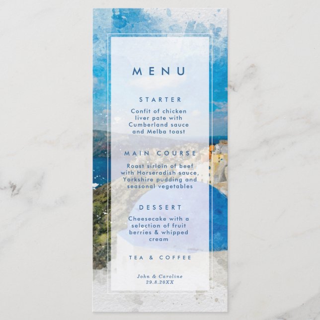 Santorini, Greece summer wedding menu cards (Front)
