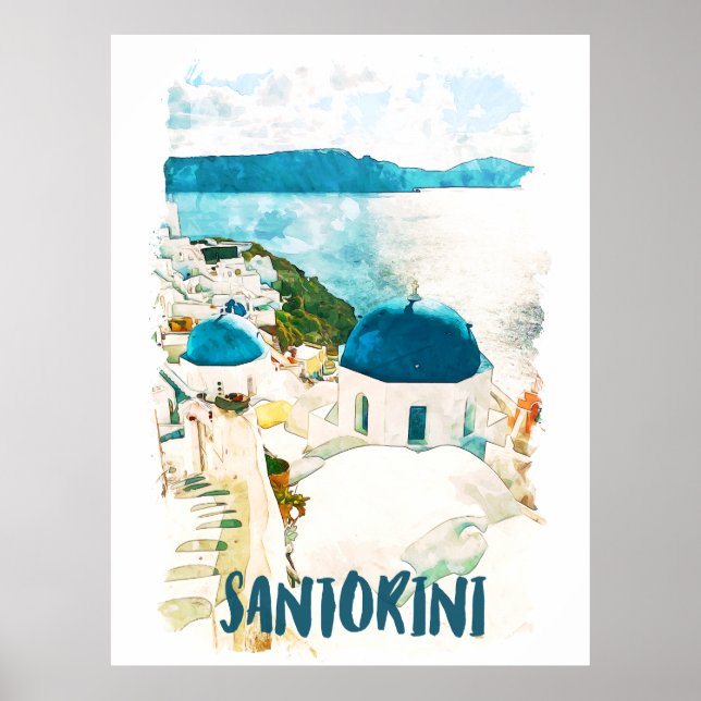 Santorini Greece Travel Watercolor Poster (Front)