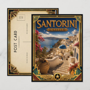 Santorini Greece Vintage Cliffside Art Deco Postcard