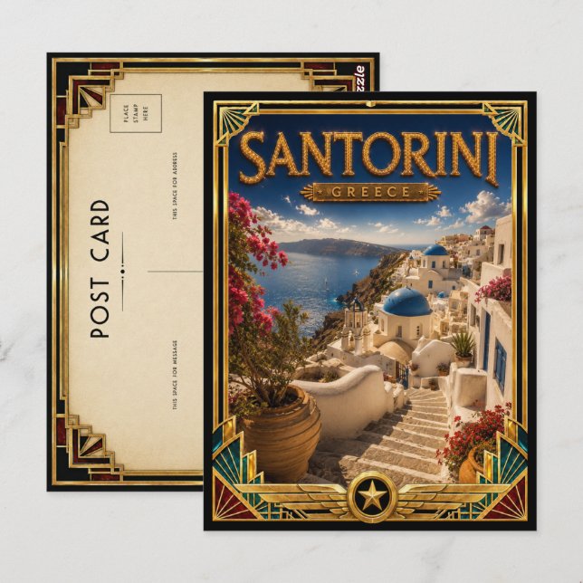 Santorini Greece Vintage Cliffside Art Deco Postcard (Front/Back)