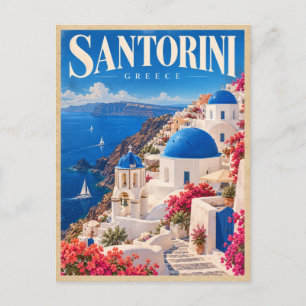 Santorini Greece Vintage Travel Blue Domes Travel Postcard