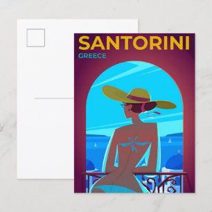 Santorini Greece Vintage Travel Illustration Postcard