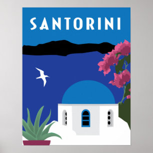 Santorini Greece vintage travel style illustration Poster