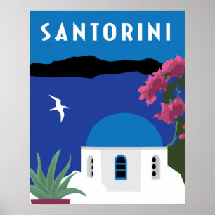 Santorini Greece vintage travel style illustration Poster