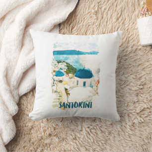 Santorini Greece Vintage Travel Watercolor  Cushion