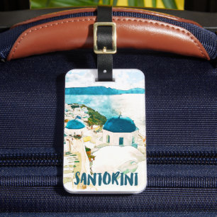 Santorini Greece Vintage Travel Watercolor Luggage Tag