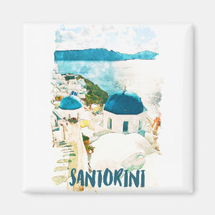 Santorini Greece Vintage Travel Watercolor Magnet