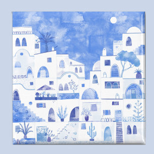 Santorini Greece Watercolor Art Blue and White Magnet