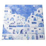 Santorini Greece Watercolor Blue and White Tile<br><div class="desc">A Watercolor townscape painting of the beautiful Greek island of Santorini in blue and white. Original art by Nic Squirrell.</div>