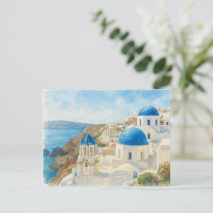 Santorini Greece Watercolor Card, Blue Dome Church Postcard