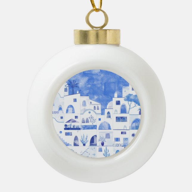 Santorini Greece Watercolor Ceramic Ball Christmas Ornament (Front)