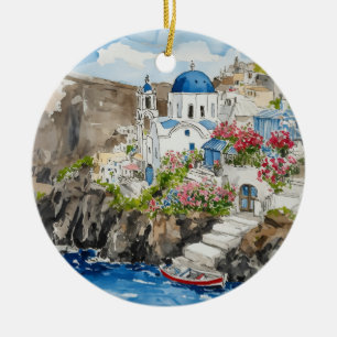 Santorini Greece Watercolor Ceramic Tree Decoration
