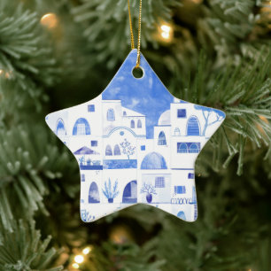 Santorini Greece Watercolor Ceramic Tree Decoration