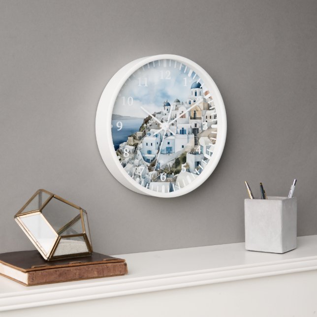Santorini Greece Watercolor Clock (Office)