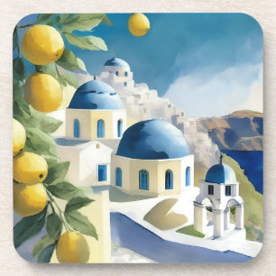 Santorini Greece Watercolor Coaster