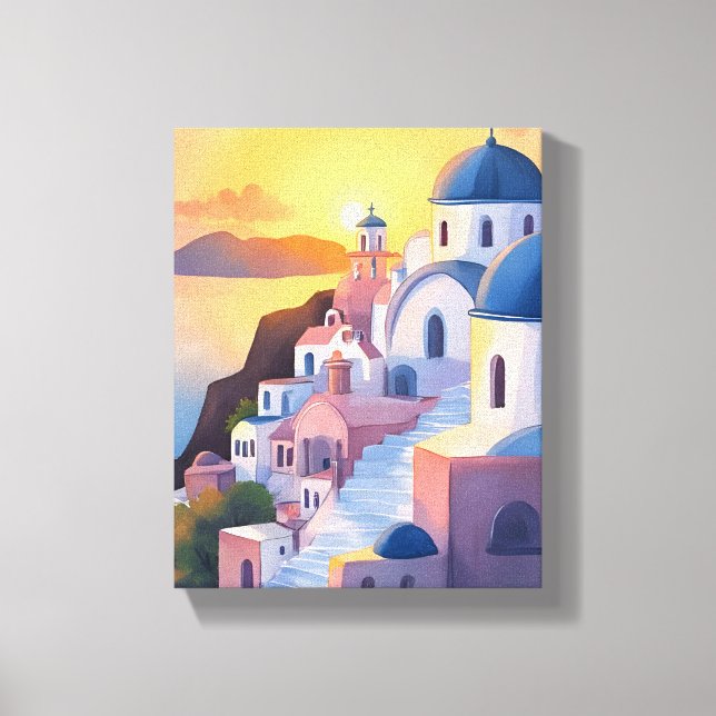 Santorini, Greece | Watercolor Coastline Sunset Canvas Print (Front)