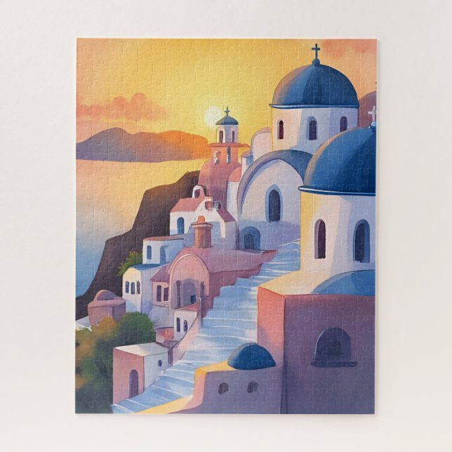 Santorini, Greece | Watercolor Coastline Sunset Jigsaw Puzzle (Vertical)