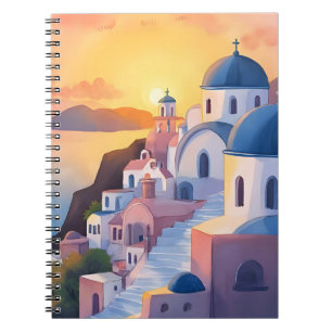 Santorini, Greece   Watercolor Coastline Sunset Notebook