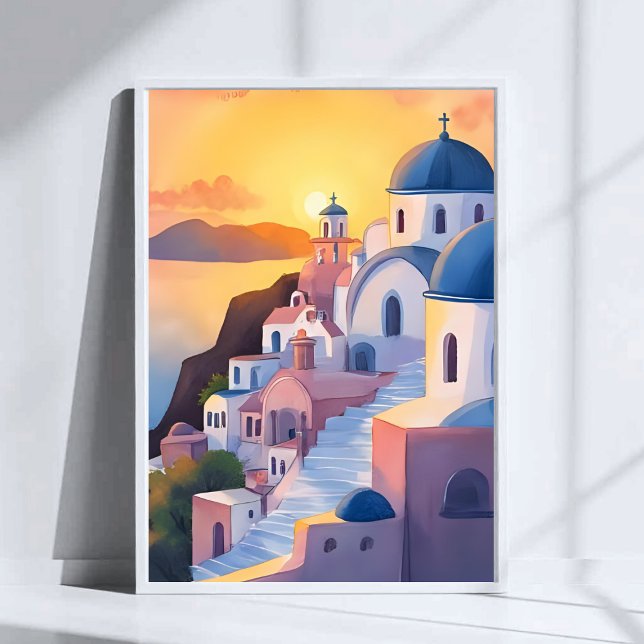 Santorini, Greece | Watercolor Coastline Sunset Poster (Creator Uploaded)
