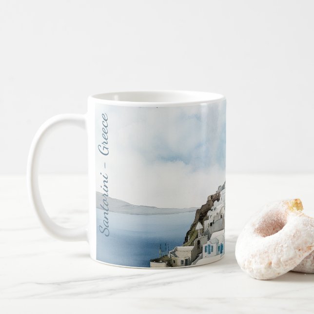 Santorini Greece Watercolor Coffee Mug (With Donut)
