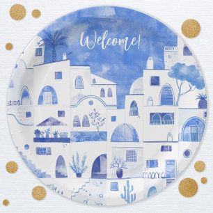 Santorini Greece Watercolor Custom Text Paper Plate