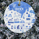 Santorini Greece Watercolor Date Mediterranean Ceramic Tree Decoration<br><div class="desc">A watercolor townscape painting in blue and white of Oia on the beautiful Greek island of Santorini.  Change the date,  or leave blank to remove it if you prefer.  Original art by Nic Squirrell.</div>