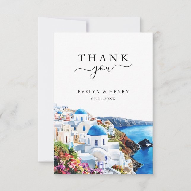 Santorini Greece Watercolor Destination Wedding Thank You Card (Front)