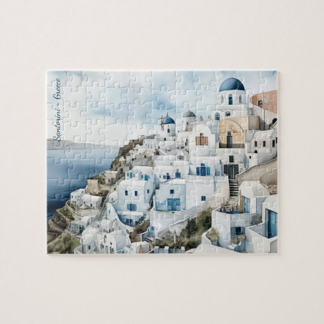 Santorini Greece Watercolor Jigsaw Puzzle (Horizontal)