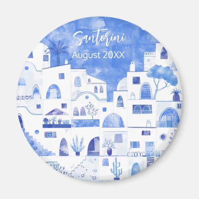 Santorini Greece Watercolor Keepsake Magnet (Front)