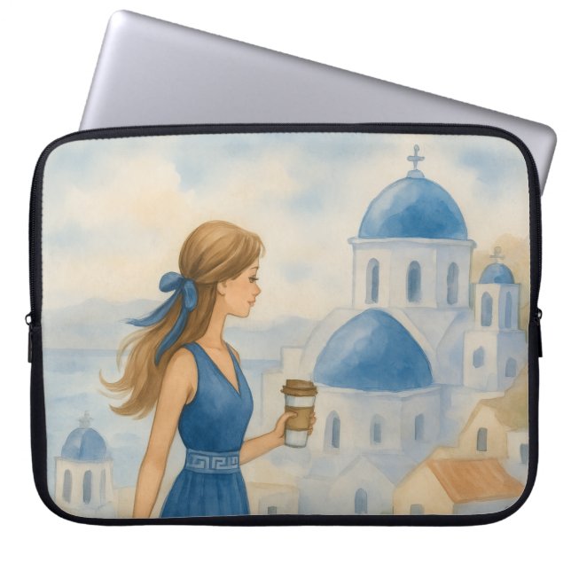 Santorini Greece Watercolor Laptop Sleeve (Front)
