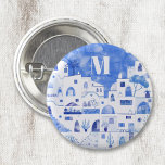 Santorini Greece Watercolor Monogram 3 Cm Round Badge<br><div class="desc">A watercolor townscape painting of the beautiful Greek island of Santorini.  Original art by Nic Squirrell.  Change the monogram initial to personalise.</div>
