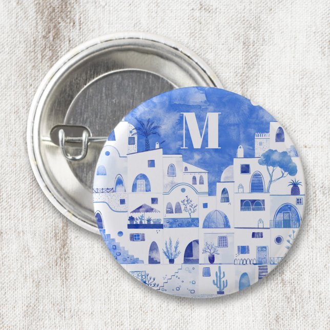 Santorini Greece Watercolor Monogram 3 Cm Round Badge (Monogram initial blue and white watercolor Oia Santorini button)
